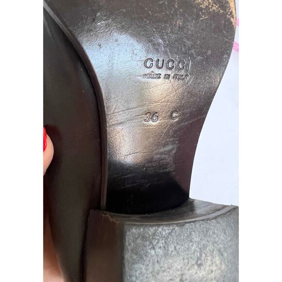 Vintage Gucci Brown Leather Square Toe Gold Plate  Block Low Heel Pumps 6C Wide - Picture 11 of 12